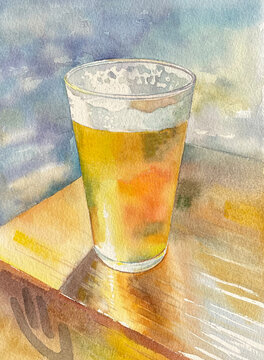 Glass of beer watercolor drawing. High quality photo