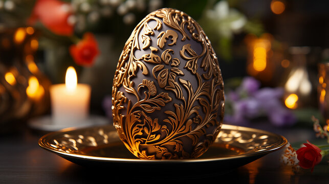 A fancy gold decorated chocolate egg on a plate. Generative AI. 