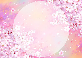 桜の背景素材　桜吹雪　円形の枠　和風　お花見　入学　卒業　入園　卒園　入社　ひな祭り　雛祭り
