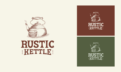 Rustic kettle with Bread hand drawn vintage logo vector
