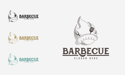 Hand drawn BBQ and barbecue logo identity. Barbeque food or grill design template. Vintage logo vector illustration concept