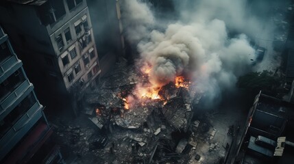 The ruins of a  city building are covered with smoke from the civil war or natural disaster 