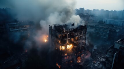 The ruins of a  city building are covered with smoke from the civil war or natural disaster  - obrazy, fototapety, plakaty