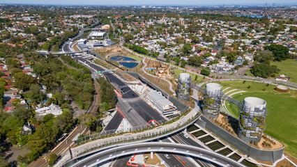 Aerial drone view at Rozelle Interchange in Sydney, NSW Australia above the large chimney towers,...