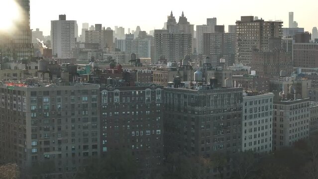 Aerial shot of The New York City skyline on an autumn morning. Shot on The Upper West Side in 4k.