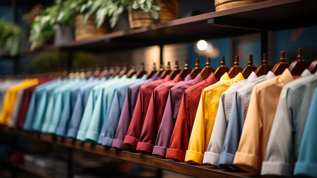 Trendy cotton Men shirt display on mannequin in clothes shop. Summer collection fashion product samples in clothing store for selling. Textile industry and business 