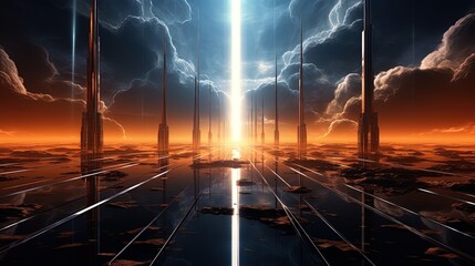 Futuristic landscape in electrical rays