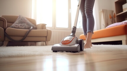 Fototapeta premium Sports trousers and carpet in focus: girl when cleaning the house