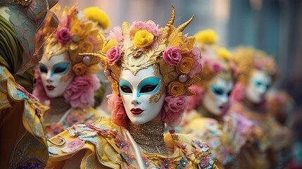 A cheerful carnival of bright costumes and masks on the street