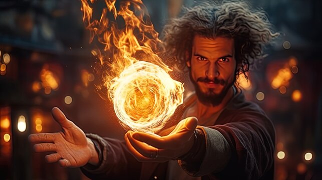 The artist juggles fire in his hands with fiery torches
