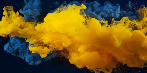 Smoke clouds party texture. Fun blue, yellow clouds of smoke isolated on black background. Water paint element magic clouds of smoke explosion. Kids, children birthday party abstract backdrop by Vita
