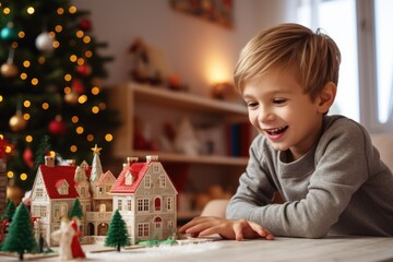 Happy kid playing at home in christmas and new year 2024 holiday comeliness