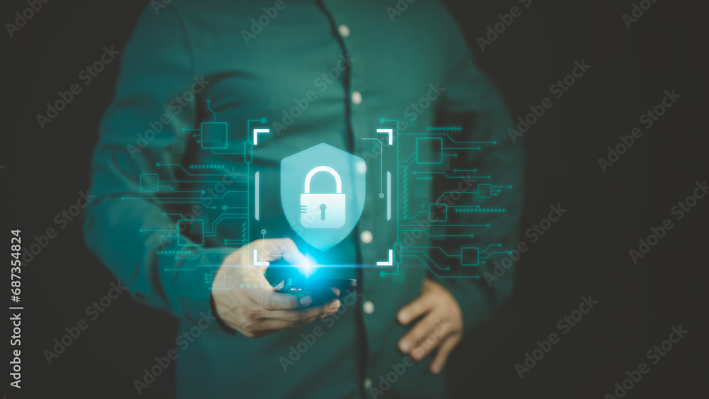 Poster Man use mobile phone with cybersecurity and privacy icon for security protection system. Lock icon and internet network security technology. User protecting personal data, virtual screen interface.