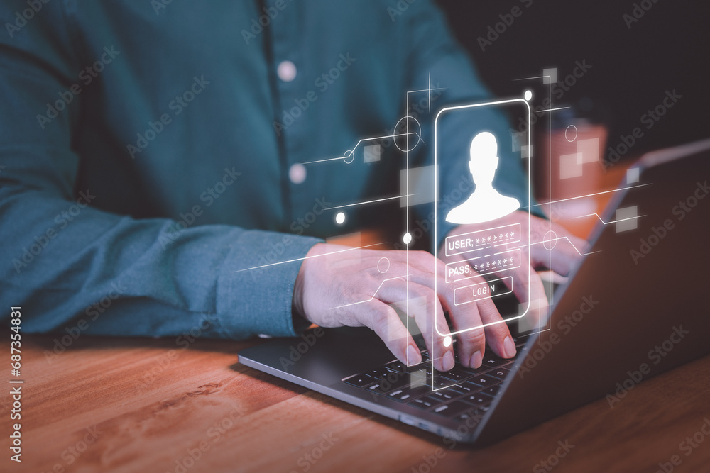 Poster User type username and password for the computer laptop. Cyber security concept to protect personal data. Secure encryption and access to the user's private information to access the internet.