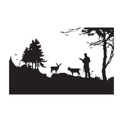 Obraz premium Vector silhouette of hunting deer in forest. Symbol of animal and nature.