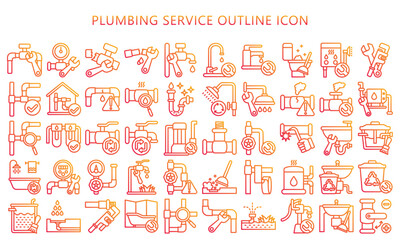 Plumbing service gradient outline icons set. contain bath, pipe, wrench, shower and more. use for modern concept, best for UI or UX kit, web and app development. vector EPS 10.