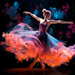 an abstract ballet featuring the neon glow of lights, abstract sakura elements during nightfall in an oasis setting playing with shadows and light