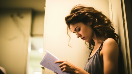 A beautiful actress practicing her lines with a script in the dressing room. generative AI