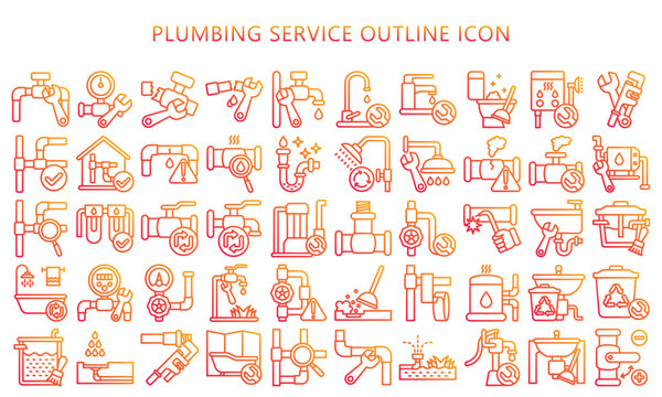 Plumbing service gradient outline icons set. contain bath, pipe, wrench, shower and more. use for modern concept, best for UI or UX kit, web and app development. vector EPS 10. © arga muria
