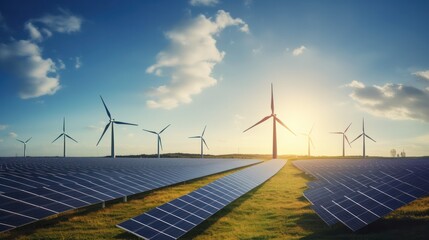 Fototapeta premium Solar cell in solar farm, Alternative energy and sustainable energy, photovoltaic, Pure energy renewable, clean energy, solar energy, reduce global warming, environment, green energy, generate by .AI