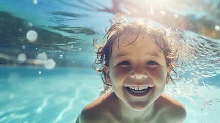 Cute smiling child having fun swimming and diving in the pool at the resort on summer vacation. Sun shines under water and sparkling water reflection. Activities and sports to happy kid - obrazy, fototapety, plakaty