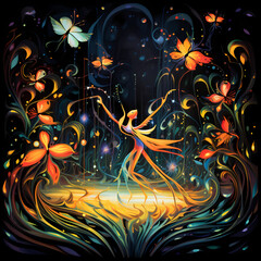 a ballet featuring the chromatic glow of lights, abstract fireflies in a jungle setting