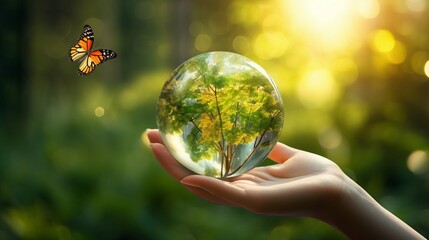 Earth crystal glass globe ball and growing tree in human hand, flying yellow butterfly on green sunny background. Saving environment, save clean planet, ecology concept. Card for World Earth Day. - obrazy, fototapety, plakaty