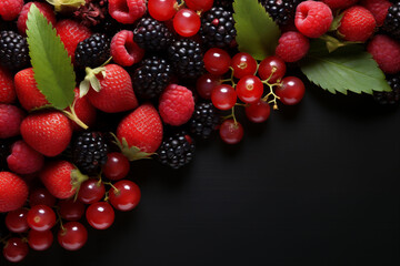 A banner with colorful fresh berries on black background. Advertisement for market, farmer or vegan concept. Copy space