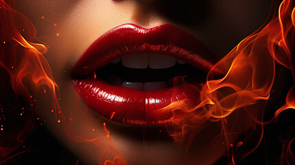 Close-up of red glossy lips with flames wrapping around them, embodying a fiery and passionate aesthetic. AI Generative - obrazy, fototapety, plakaty