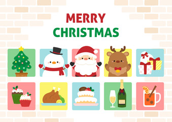 Fototapeta premium サンタクロースとクリスマスグッズいっぱいのカード、レンガの背景