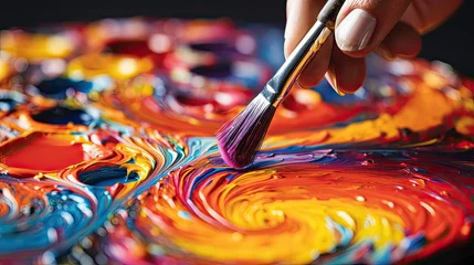 Foto op Canvas AI-generated illustration of an artist's hand as she works on a colorful painting. MidJourney. © EAStevens