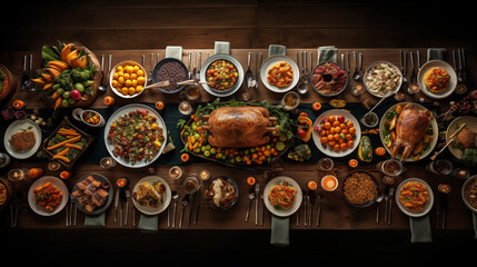 Traditional Feast: Thanksgiving Celebration on Off-White Wood Table with Clear Light.