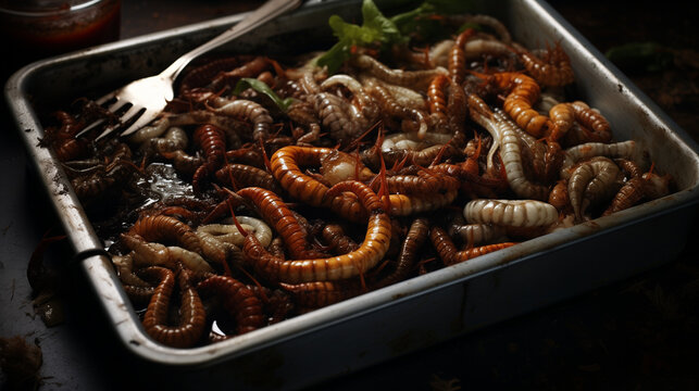 Roasted worms and insects on a metal tray with a fork and saucer on a dark background. Disgusting cell food for the meal of a horror story or a nightmare.