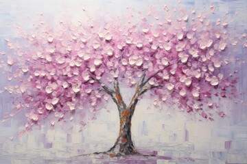 palette knife textured painting sakura Japanese cherry tree Sakura blossom background with a pink blooming sakura tree - obrazy, fototapety, plakaty