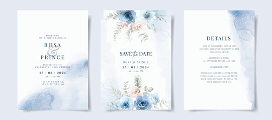 Beautiful set of wedding invitation card template with blue floral and leaves decoration. Winter theme - obrazy, fototapety, plakaty