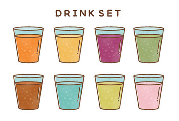 手書き風のグラスに入った色々なジュース　飲み物のイラスト　素材	