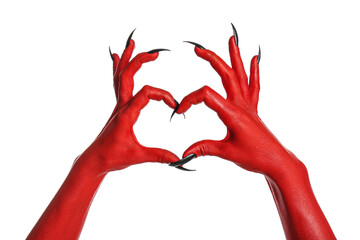 Scary monster making heart gesture on white background, closeup of hands. Halloween character