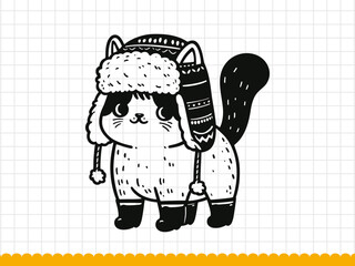 Christmas cat silhouette in warm hat and boots. Vector illustration.