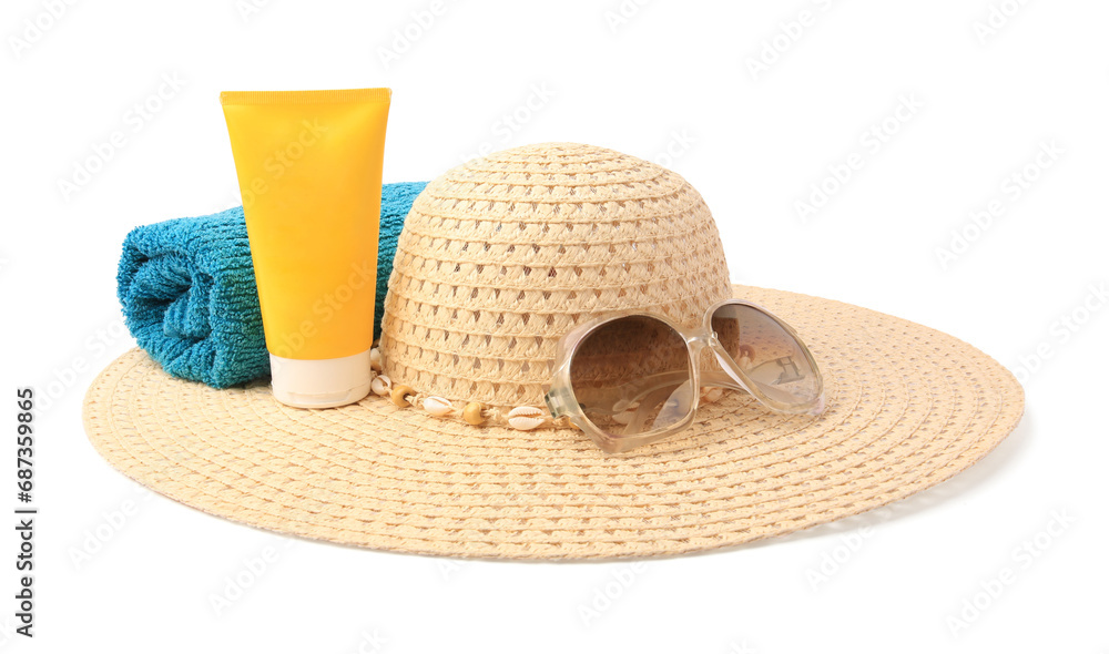 Canvas Prints Straw hat, sunscreen, towel and sunglasses isolated on white. Beach objects