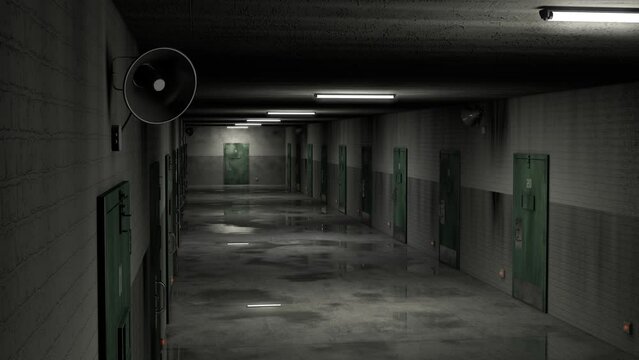 Top view of empty prison corridor with lights turning on. Wet floor, locked doors, brick walls and megaphones hanging on the walls. 3d render. Seamless loop.