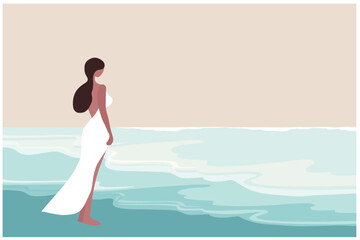 Beautiful woman in white dress on the beach vector illustration. Summer holidays beach and lonliness concept