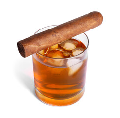 Glass of whiskey and cigar isolated on white