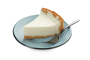 Plate with piece of tasty vegan tofu cheesecake and fork isolated on white