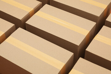 Many cardboard boxes as background, closeup view