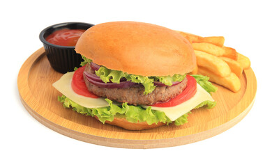 Tasty burger served with french fries and ketchup isolated on white