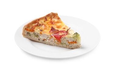 Piece of tasty quiche with chicken, cheese and vegetables isolated on white