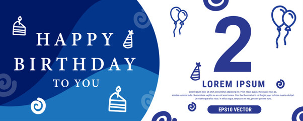 2 year celebration Creative Happy Birthday Text. Blue color decorative banner design, Vector illustration. - obrazy, fototapety, plakaty