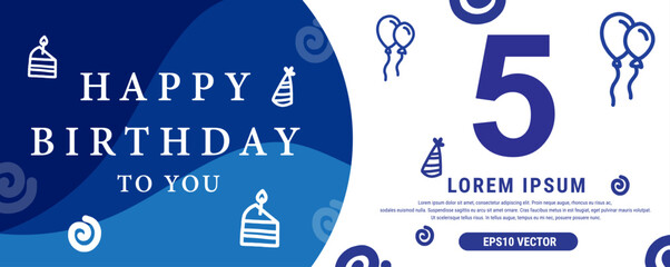 5 year celebration Creative Happy Birthday Text. Blue color decorative banner design, Vector illustration.