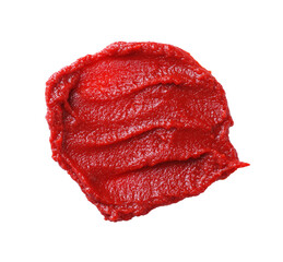 Tasty tomato paste isolated on white, top view