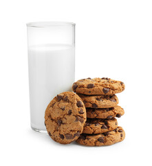 Delicious chocolate chip cookies and glass of milk isolated on white